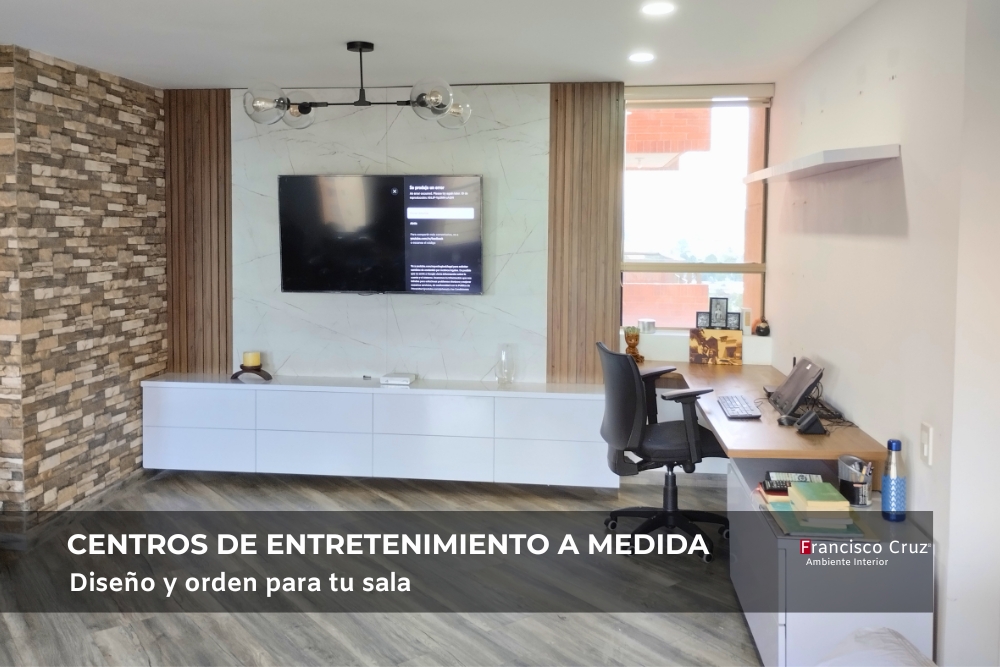 Centro de entretenimiento a medida diseñado por Francisco Cruz para sala residencial moderna en Bogotá