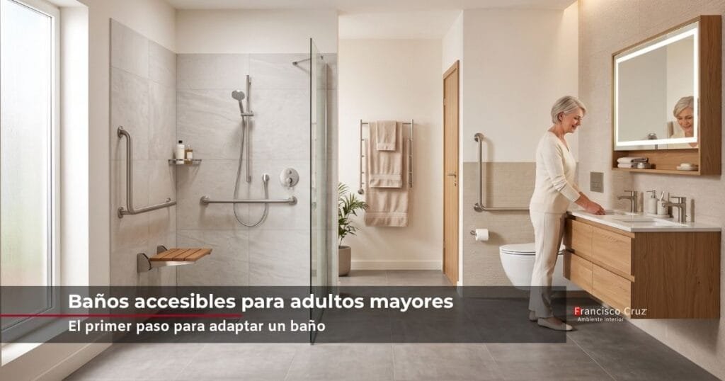 Baño accesible para adulto mayor con ducha a ras de suelo, asiento plegable en madera, barras de apoyo y mueble de lavamanos suspendido | Francisco Cruz Interiores