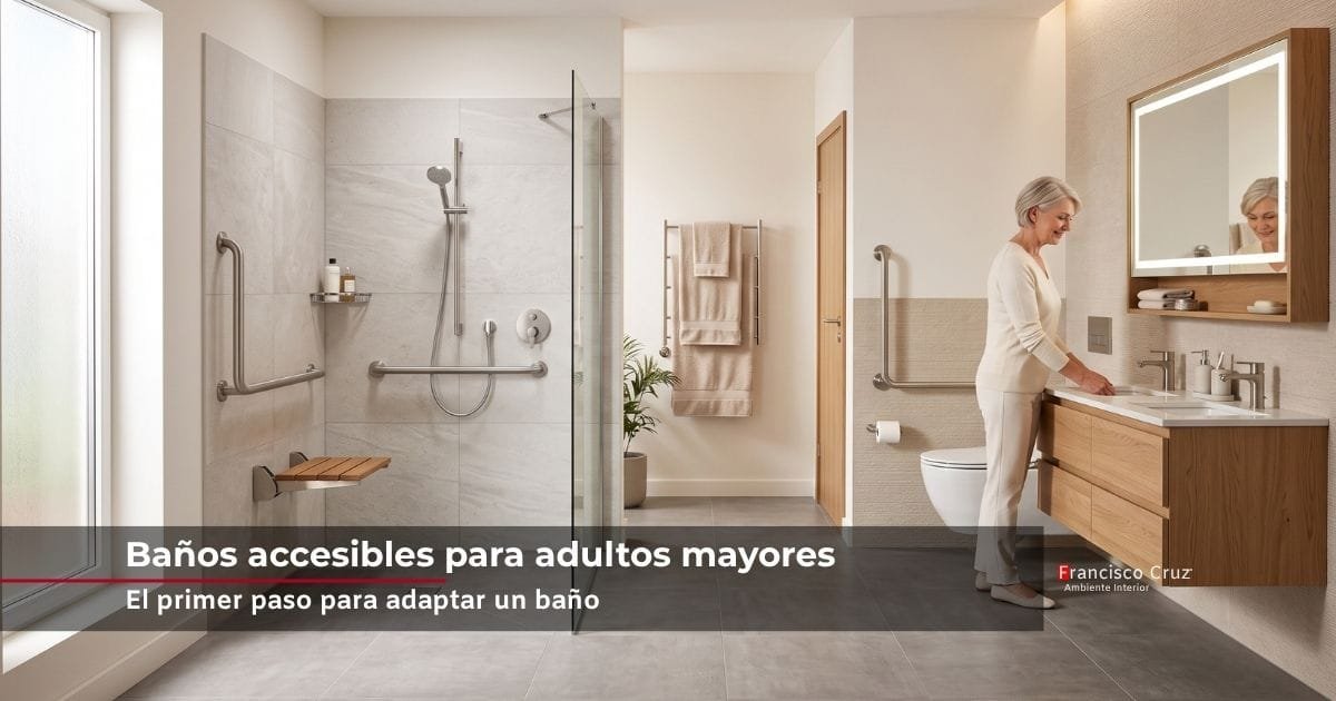 Baño accesible para adulto mayor con ducha a ras de suelo, asiento plegable en madera, barras de apoyo y mueble de lavamanos suspendido — Francisco Cruz Interiores, Bogotá