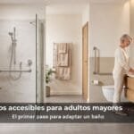 Baño accesible para adulto mayor con ducha a ras de suelo, asiento plegable en madera, barras de apoyo y mueble de lavamanos suspendido | Francisco Cruz Interiores