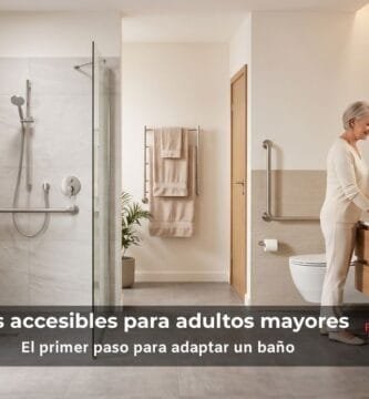 Baño accesible para adulto mayor con ducha a ras de suelo, asiento plegable en madera, barras de apoyo y mueble de lavamanos suspendido | Francisco Cruz Interiores