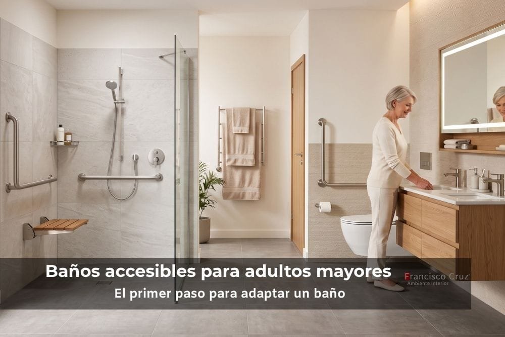Baño accesible para adulto mayor con ducha a ras de suelo, asiento plegable en madera, barras de apoyo y mueble de lavamanos suspendido — Francisco Cruz Interiores, Bogotá