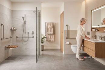 Baños accesibles para adultos mayores  con ducha a ras de suelo, asiento plegable en madera, barras de apoyo y mueble de lavamanos suspendido