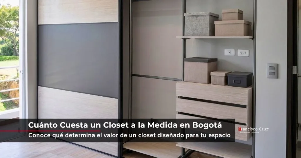 Cuánto cuesta un closet a la medida en Bogotá. Closet con puertas corredizas bicolor perfilería metálica negra y entrepaños. Francisco Cruz Interiores