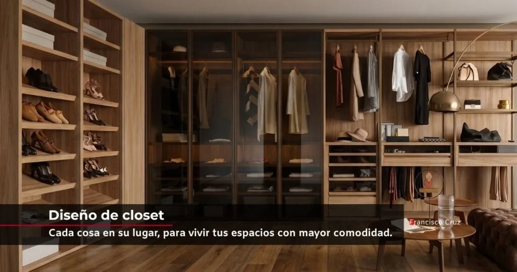 Closet a medida diseñado y fabricado por Francisco Cruz Interiores para proyecto residencial en Bogotá.